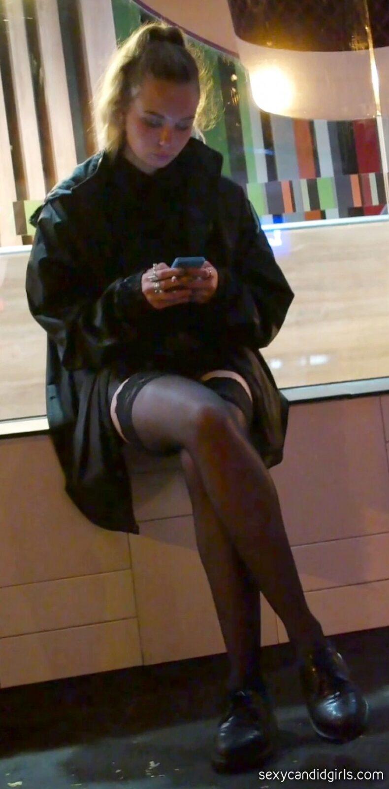 Young Blonde Candid Teen In Stockings With Sexy Legs pic