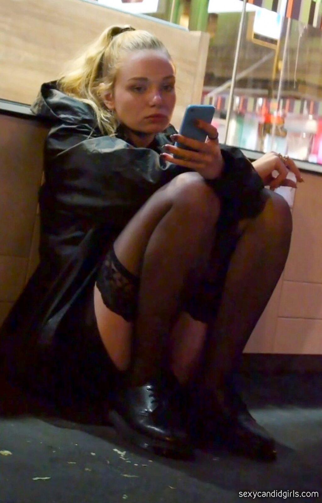 Young Blonde Candid Teen In Stockings With Sexy Legs image