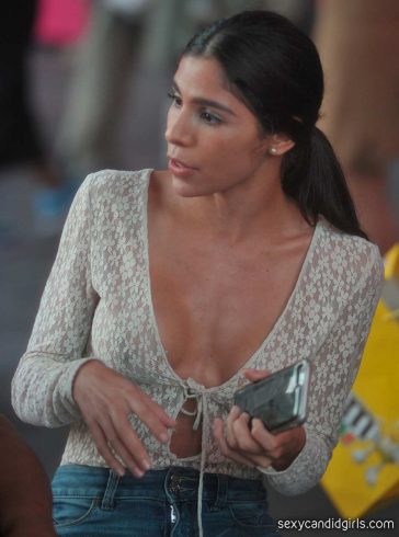 Candid Braless Brunette