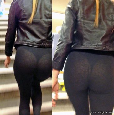 Close Up Crotch Creepshot In Black Yoga Pants With VPL