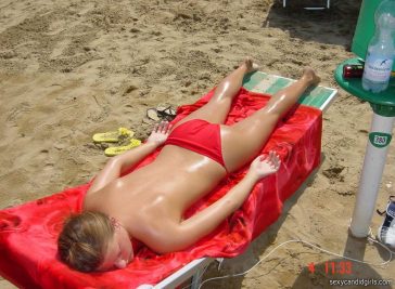 Topless Candid Teen In Red Bikini