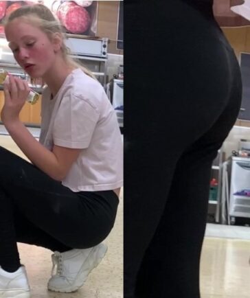 JB Blonde In Black Yoga Pants At Supermarket