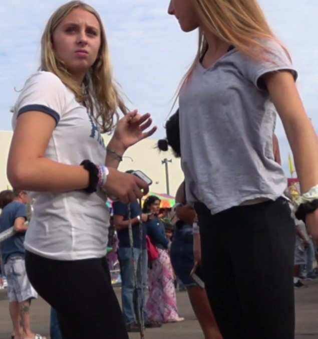 Two Young Candid Teens In Black Yoga Pants