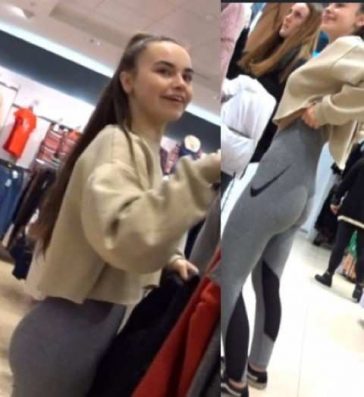 Cute Teen In Grey Leggings and Amazing Ass