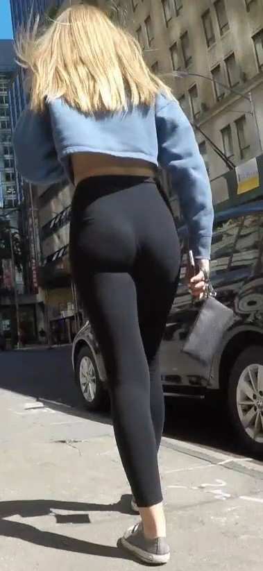 Hot Blonde Candid Teen In Black Leggings