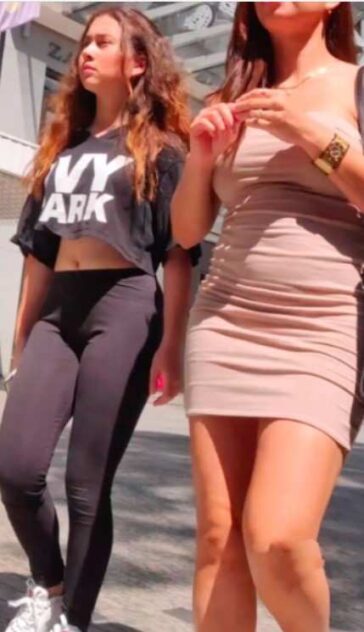 Two Hot Sisters In Leggings and Tight Dress