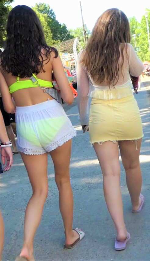 Two Sexy Teens In See Thru Shorts and Skirt