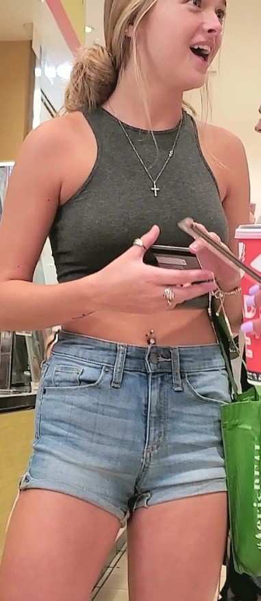 Skinny Teen In Denim Shorts Shopping