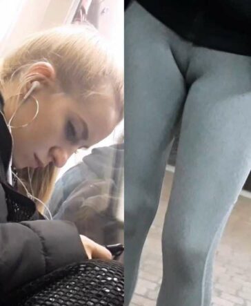 Blonde Teen In Grey Leggings Cameltoe