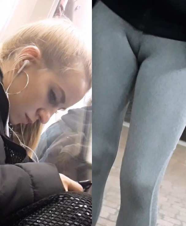 Blonde Teen In Grey Leggings Cameltoe