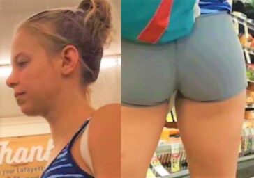 Hot Blonde in Grey Spandex Shorts