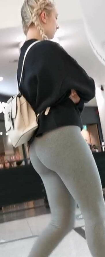 Blonde Teen In Grey Leggings Shopping