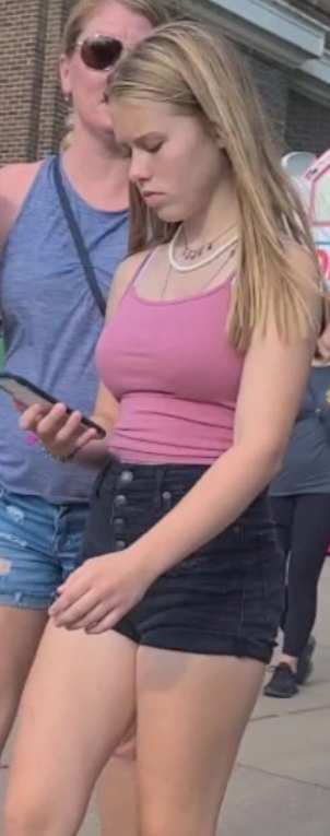 Cute Blonde Teen In Shorts With Mom