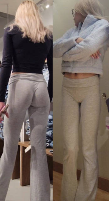 Skinny Blonde In Grey Leggings Cameltoe