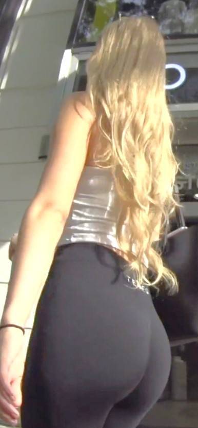 Long Hair Blonde Girl In Black Leggings Fantastic Candid Ass