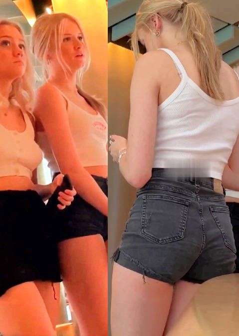Blonde Teen Duo In Black Shorts In The Line