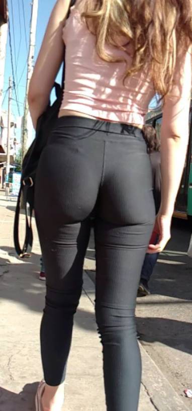 Hot Teen Ass In Black Leggings With Visible Thong Line