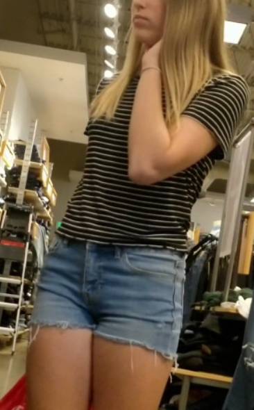 JB Blonde Teen In Denim Shorts Shopping