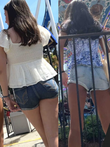 Two Cute Teens In Shorts At Theme Park
