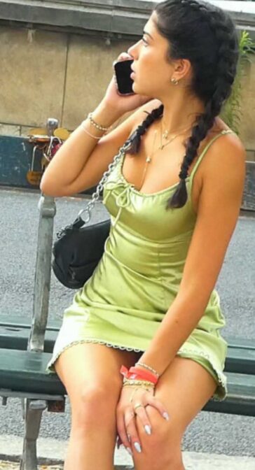 Sexy Brunette Teen In Green Dress