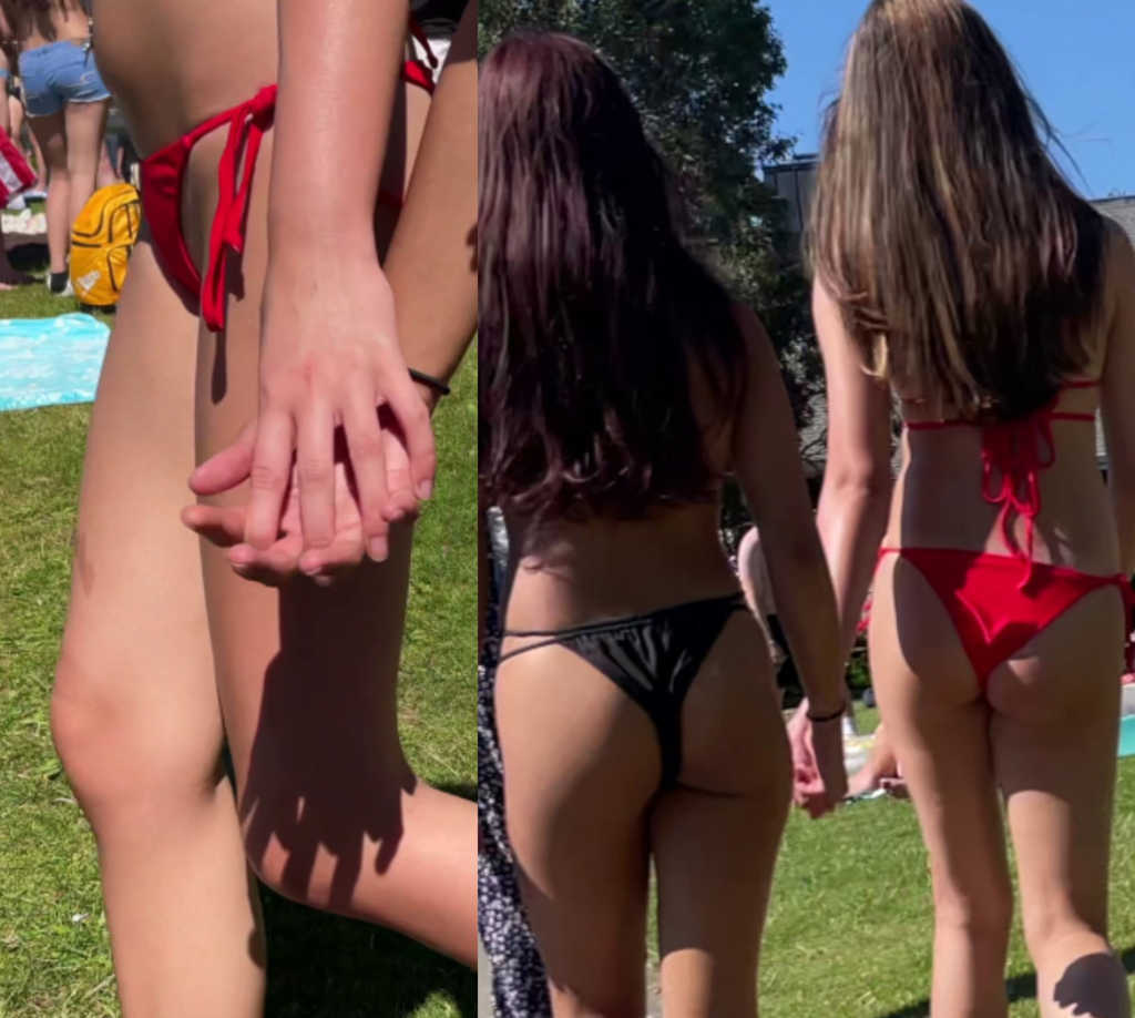 Two Skinny Teens In Bikini Holding Hands