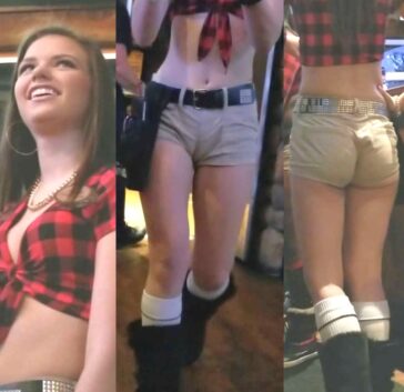 Skinny Teen Waitress In Shorts Showing Cameltoe
