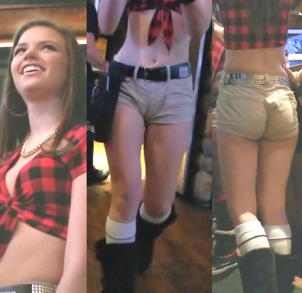 Skinny Teen Waitress In Shorts Showing Cameltoe