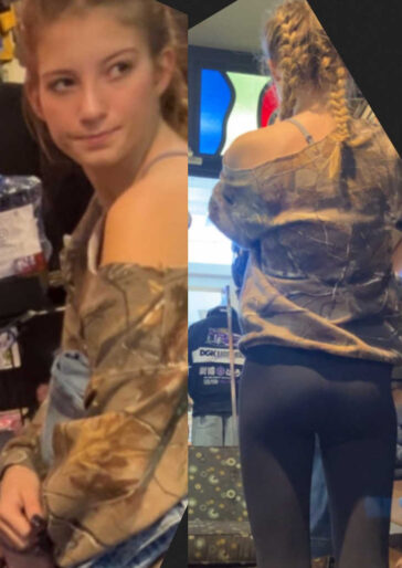 Skinny Teen In Black Leggings Bends Over