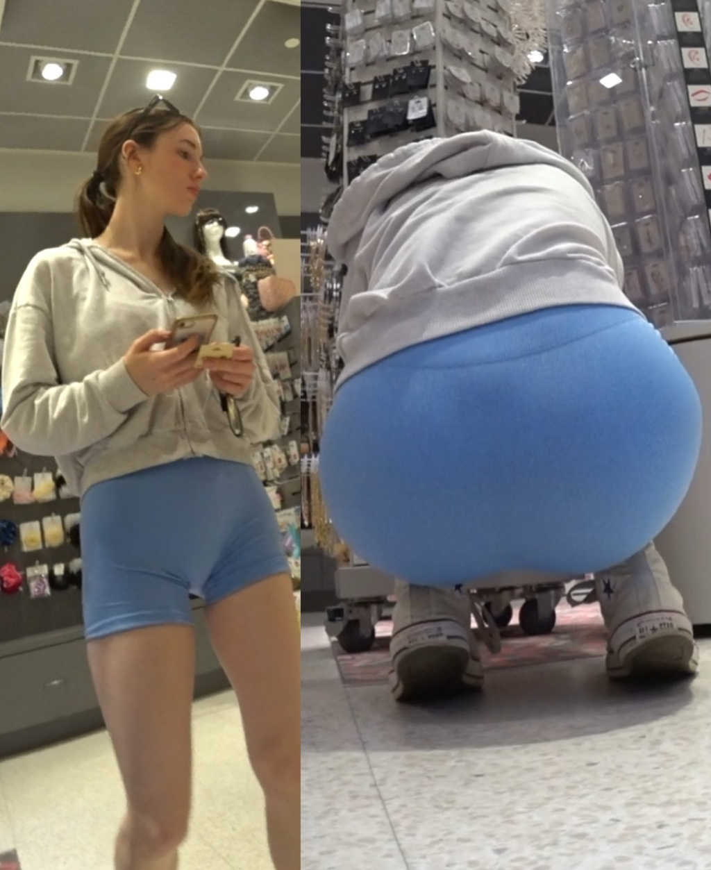 Blue Shorts Teenie Bending Over