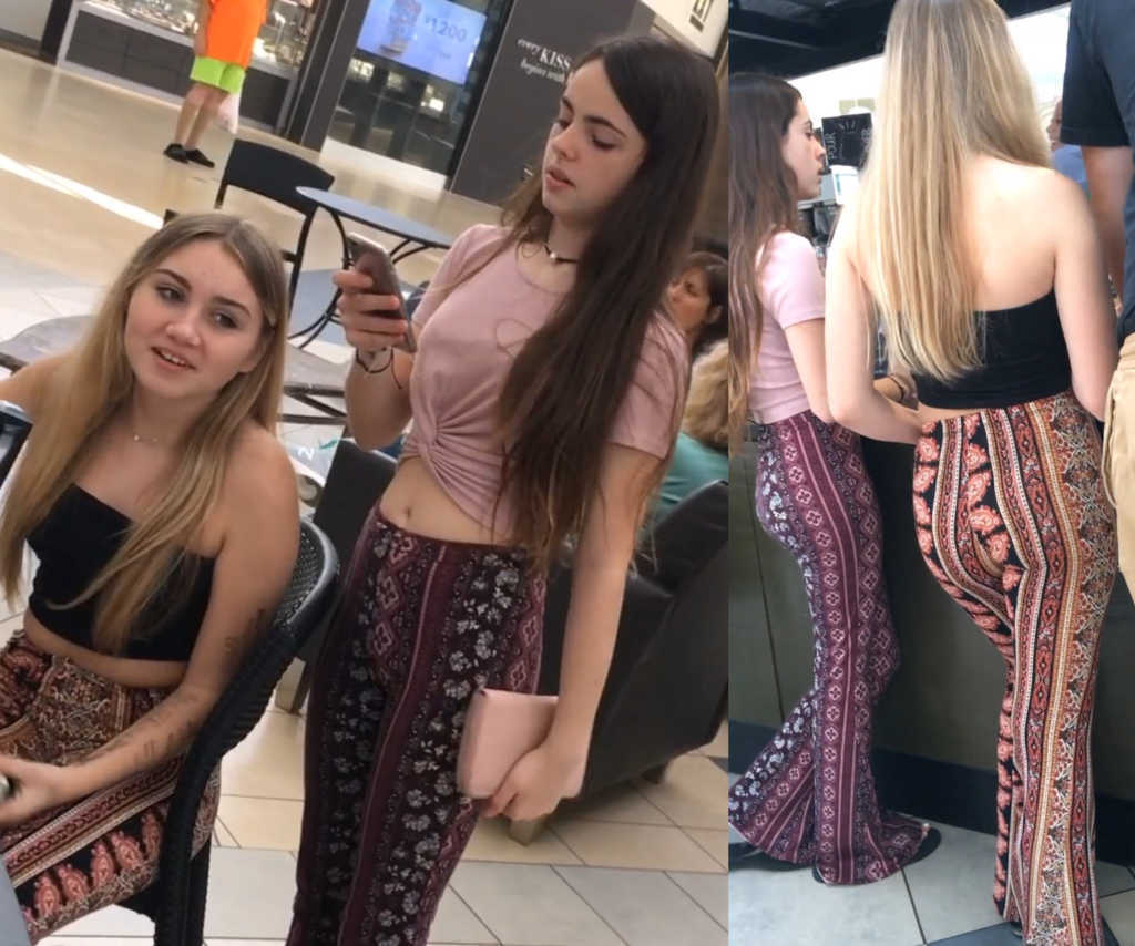 Stripped Pants Candid Teen Duo