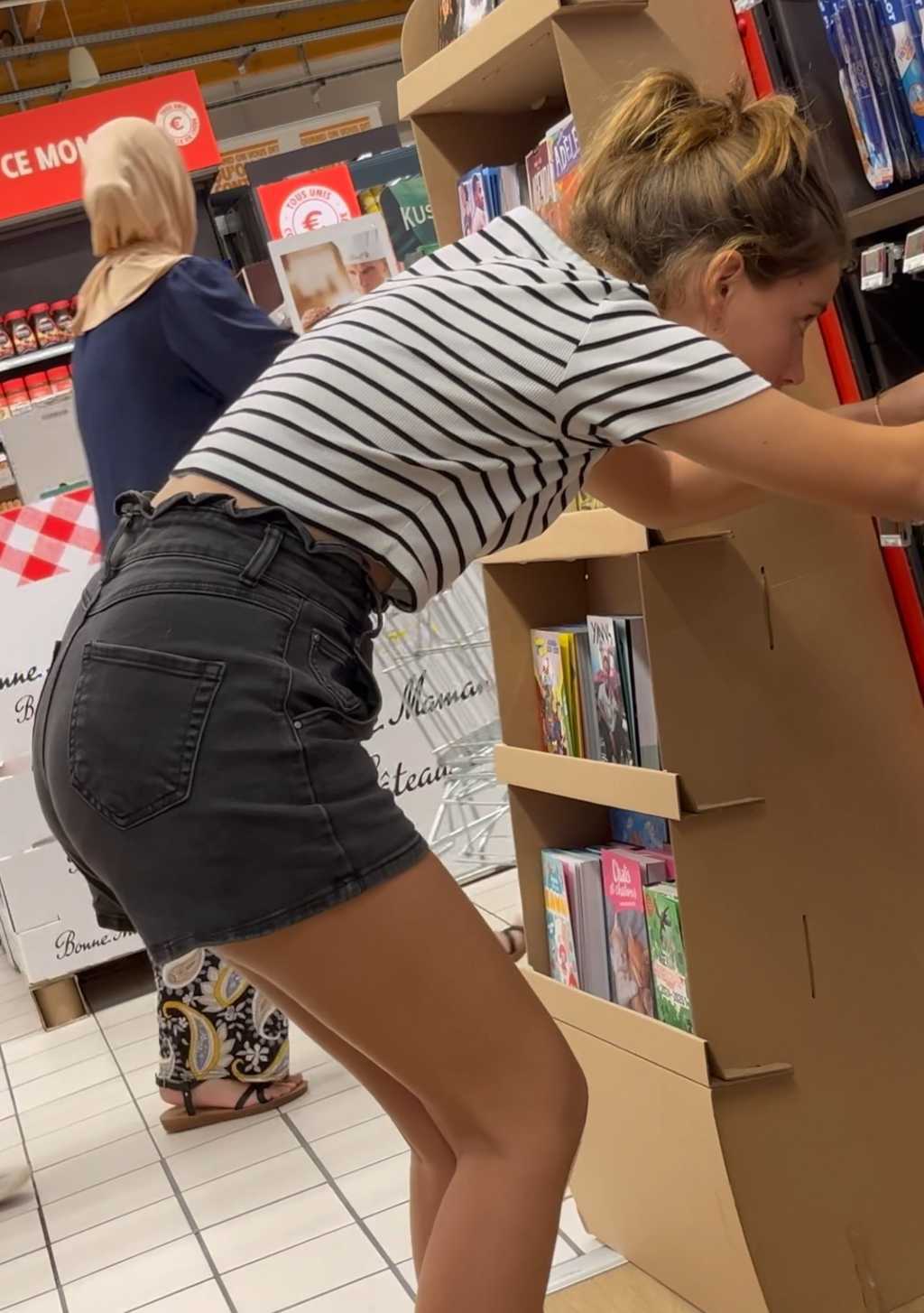 Teen Daughter In Black Denim Shorts With Daddy